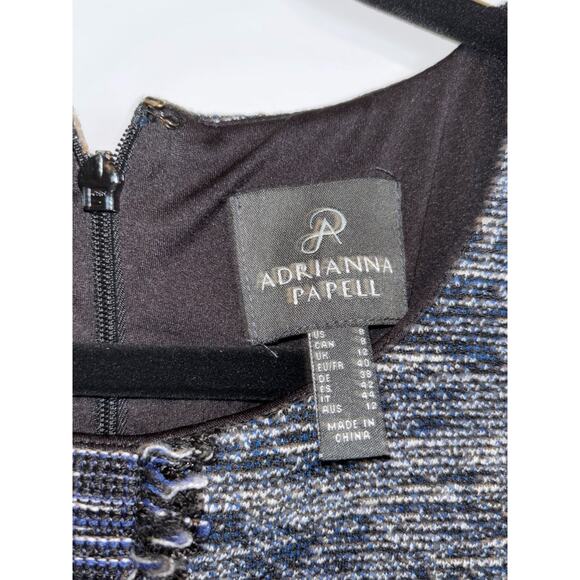 Adrianna Papell Navy Tweed Shift Dress 8 Short Sleeve Fringe Knee-Length - Picture 3 of 9